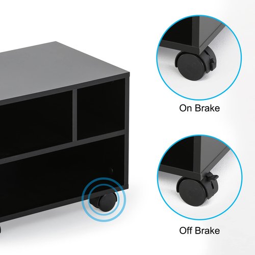 FITUEYES Mobile Printer Stand with Storage, Under Desk Black Wood Small Rolling Printer Table Work Cart with Wheels and 3 Compartment Organizer Spaces for Home Office, 15.7 x 11.8 x 13.8