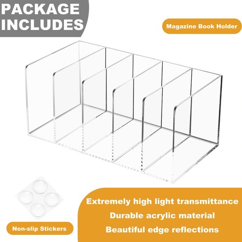 SEANADO Clear Acrylic Magazine File Holder with 5 Vertical Compartments Desk Organizer Book Rack for Home Office Desk Sorter Paper Folder Stand Bookshelf