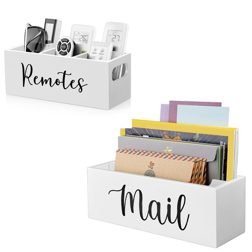DRASTAR Mail & Remote Organizer Set, Wooden, White, 2 Slots, Remote Control Holder