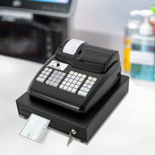 Electronic POS Cash Register with LED Display & Drawer 47-Key Commercial Cash Management System High-Speed Tabletop Billing for Retail Stores&Shops-Black