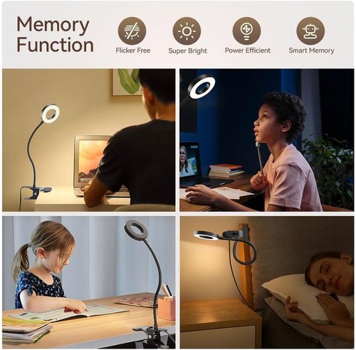 LED Desk Lamp by [Brand Name] - Clip-On Light with 3 Color Modes & 10 Brightness Levels | 360° Adjustable Neck