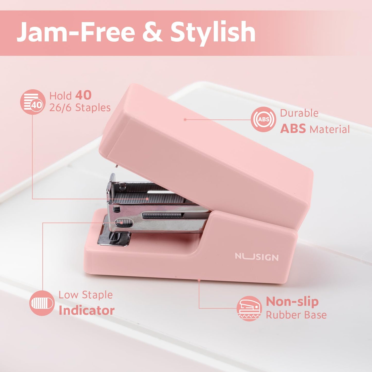 NUSIGN Mini Stapler with 830 Staples, Small Cute Desk Staplers, 25 Sheet Capacity, Pink