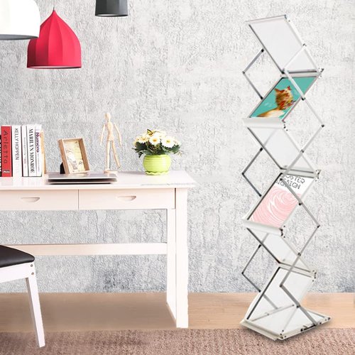 Displayfactory Pop up Aluminum Magazine Rack, 6 Pockets Brochure Display Stand, Foldable Literature Rack Magazine Catalog Display Stand with Carrying Bag for Office,Store, Exhibition & Trade Show