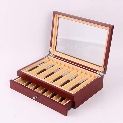 MYOYAY 2 Tier Wood Pen Display Box 23 Slot Pen Storage Organizer Box Luxury Fountain Pen Collector Case with Lid for Shop or Home, Red