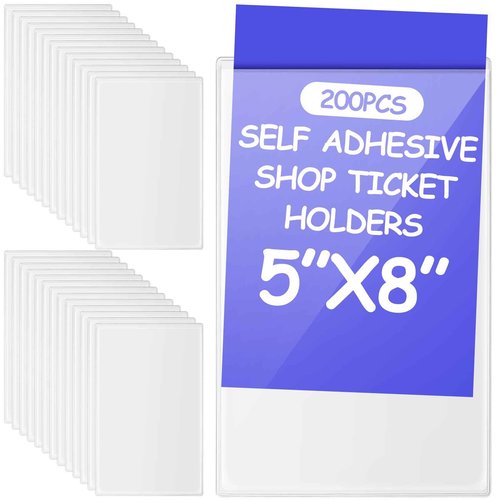 Outus Self Adhesive Shop Ticket Holders Clear Plastic Sleeves Adhesive Pockets Work Order Job Ticket Holders for Home Office Posting Signs(5 x 8 Inch,200 Pcs)