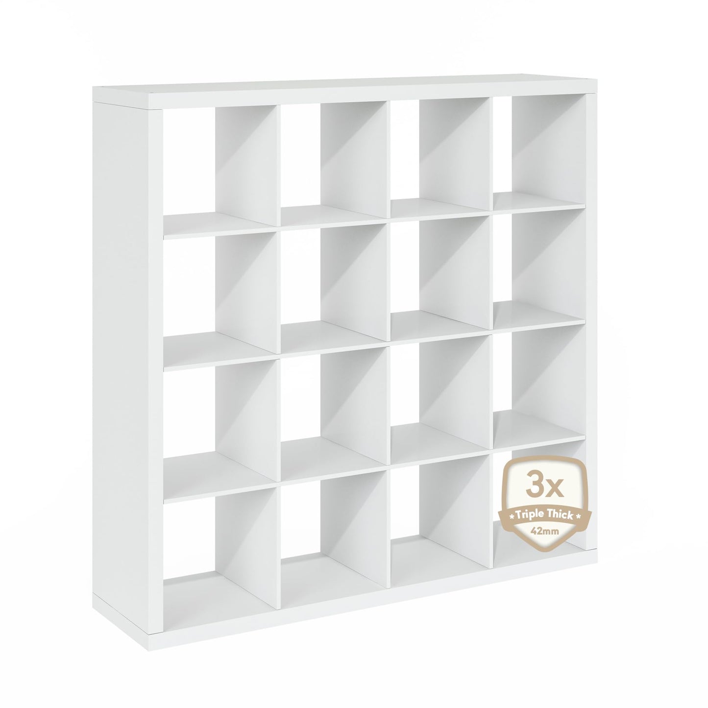 Furinno Cubicle Book Shelf, 16-Cube Bookshelf, Triple Thick Frame Cube Storage Organizer, 1.65" Bookcase, 15.4 x 57.4 x 56.9, for Home Office, Living Room, Plain White