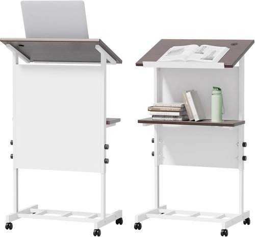 Podium Stand - Portable Lectern with 7 Adjustable Heights | Mobile Stand with Shelf & Cup Holder (White)