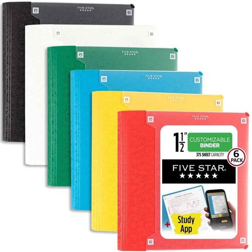 Five Star 3-Ring Binder + Study App, 6 Pack, 1-1/2 Inch Binder with D Rings and Customizable Clear View Cover, 375 Sheet Capacity, Assorted Colors (261460-23)