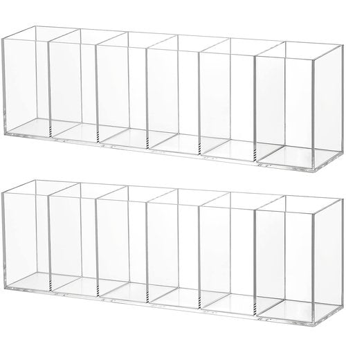 2 Pack Acrylic Makeup Brush Holder 6 Compartments Pencil Organizer Cup Pencil Holder for Desk Pen Organizer Storage Pen Holder for Accessories Cosmetic Brushes Office Bathroom Kitchen Supplies (Clear)