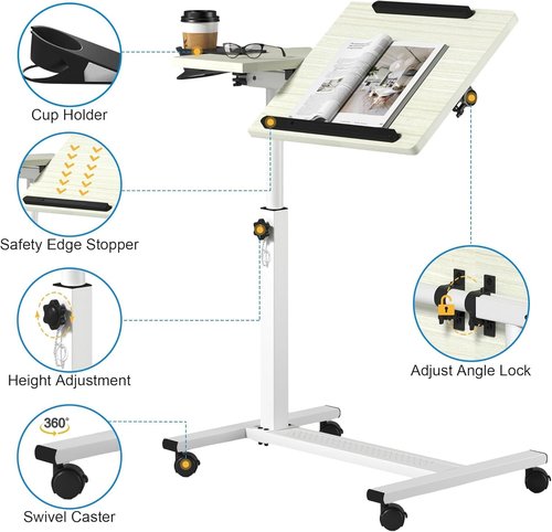 Panta Height Adjustable Rolling Laptop Stand, Overbed Table with 2 Tilting Desktops, Mobile Laptop Table for Couch with Cup Holder, Mobile Computer Workstation for Office, Home and Hospital,Maple