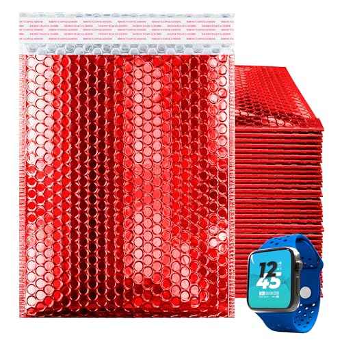 ABC Red Metallic Bubble Mailers, 12.75 x 10.5 Inches. 25 Pack Metallic Bubble Envelope with Self-Seal Closure. Waterproof Poly Mailers Metallic. Bright Metallic Packaging Envelopes for Shipping