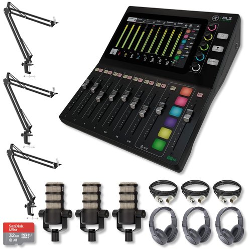 Mackie DLZ Creator Adaptive Digital Mixer for Podcasting, Content Creation and Streaming with 3x Rode Podmic, StreamEye BOOMARM1, Monitoring Headphones and Essential Accessories