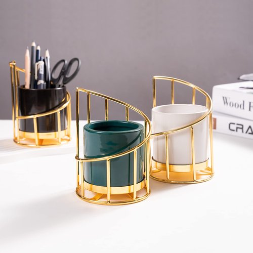 Engree White and Gold Pen Holder for Desk, Pencil Cup, Ceramic Pen Holder with Metal Frame, Makeup Brush Holder for Girls Women, Aesthetic Pencil Holder for Office Desk Accessories
