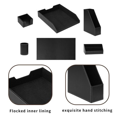XNONE Office Supplies PU Leather 6-Piece Set Desk Organizer,Include Writing Pad,Letter Tray,file folder Sorter/Magazine Holder,Pen Cup,Note Holder,Business Card Holder,Man/Woman Office Gift,Black