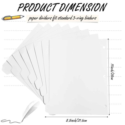 Harloon 30 Set 3 Ring Binder Dividers with 8 Tab, 1/8 Cut Tabs 240 Blank Binder Bulk 3 Hole Punch Divider 230 GSM Heavyweight Paper for School Office Home Class (White)