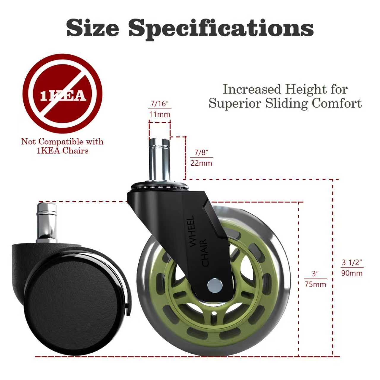 Skiennix Office Chair Wheels - 3" Rubber Casters with 7/16" Stem | Universal Fit for Rolling Chairs - Set of 5 (Green)