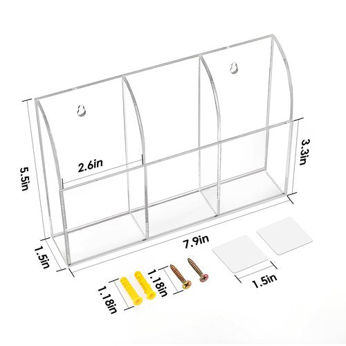 MaxGear Wall Marker Holder 3 Compartments, 2 Pack Desk Acrylic Organizer for Remotes, Pens, Makeup, Markers, Clear Remote Control Holder for Whiteboard Accessories-7.8'' x 1.6'' x 5.5''