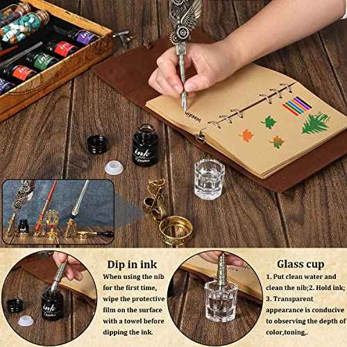 Quill Pen and Ink Set - Mechanical Punk Feather pen - Wooden Dip Pen - Glass Drawing Pen - Multi Ink Calligraphy Pen Set - Basic Wax Seal Stamp Kit- 17 Calligraphy Nibs£¨Grey£©