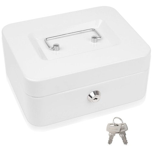 POLSPAG Cash Box with Key Lock Metal Money Box with Removable Coin Tray Medium Safe Lock Box Durable Money Saving Organizerfor Security Lock Safe Box for Office Small Business 7.87 x 6.3 x 3.54 inches