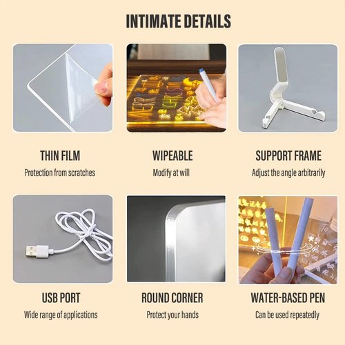 Kivvy Magic Board,Luminous Acrylic Message Board with 7 Color Markers Pen,Clear Drawing Board with Light for Memo/Office/Festival/Gift (20CM X 20CM)