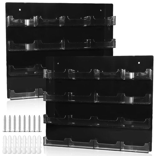2 Pcs Acrylic Business Card Holder with Hanging Hardware Black transparent Acrylic 16 Pocket Business Vertical Organizer Wall Mount Sticker Display Rack Pre Drilled Organizing Stand for Office Home