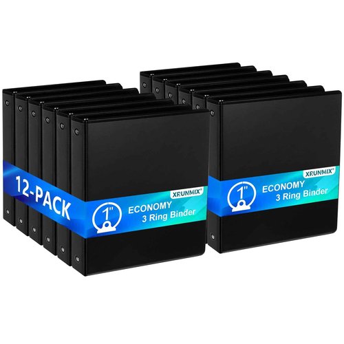 1'' Economy 3-Ring Binders, 1-inch Round Rings, Holds 200 Sheets US Letter Size, ClearVue Presentation View, Non-Stick, Black (12)