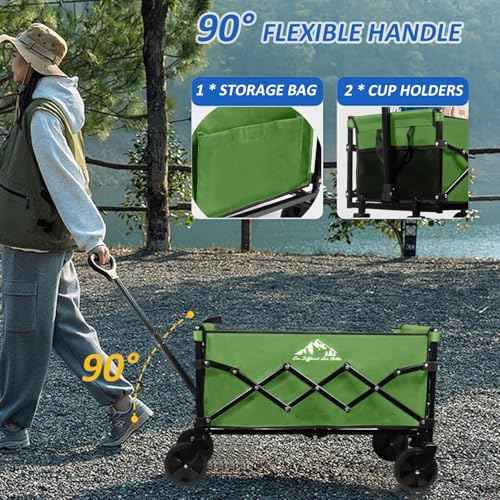 Collapsible Wagon Folding Utility Cart, Beach Wagon 352LBS Heavy-Duty with Adjustable Handles, 5" Quiet Swivel Wheels, Lightweight (11lbs) for Groceries, Camping, Moving, Green
