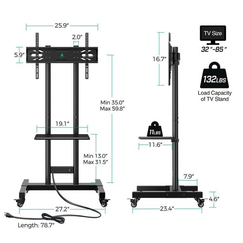 GREENSTELL TV Stand with Power Outlet, Mobile TV Cart on Wheels for 32-85 inch LED LCD Flat Curved Panel Screen TVs, up to 132lbs, Height Adjustable Rolling TV Stand with AV Shelf, Max VESA 600x400mm