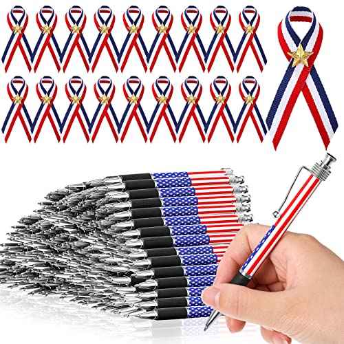 200 Pcs Veterans Day American Flag Ballpoint Pen and Patriotic Ribbon Pins with Star Set 1.0 mm Black Ink Gel 4th of July Ink Pen for Veterans Day Memorial Independence Party Supplies