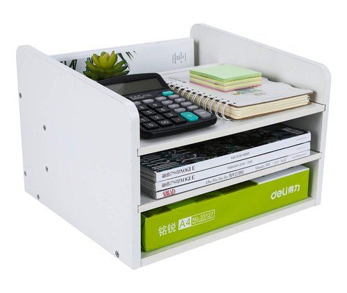 PAG Wood Desktop File Organizer Office Phone Stand for Desk Adjustable Desktop Shelf Mail Sorter Paper Magazine Holder Rack, White