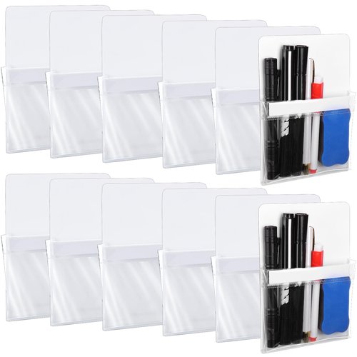 Sherr 12 Pcs Magnetic Pockets for Classroom 6.5'' X 4.7'' Magnetic Pouch Pen Marker Holders Dry Erase Marker Storage for Whiteboard Locker Accessories Refrigerator Home Wall(Clear)