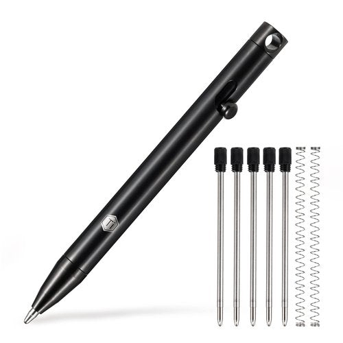 KeyUnity KP00 Titanium Alloy Bolt Action Pen with Bonus Refills, Retractable Pocket Ball-point Pen for Everyday Use Signature, Fine Point, Black Ink (PVD Black)