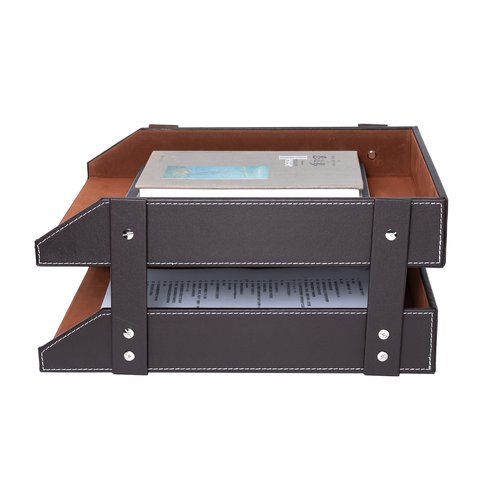 Leather Desk Organizer, Letter Tray Holder with Accessories, 2-Tier Stackable Office Supplies Desktop Storage Box for Documents Notebooks Magazines