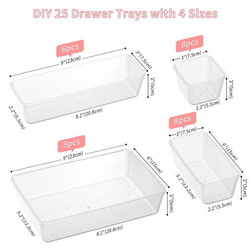 Lulltou 25 PCS Plastic Drawer Organizer Set, 4-size Clear Bathroom and Vanity Desk Drawer Organizer Trays, Non-Slip Versatile Storage Bins for Makeup Jewelry Office Kitchen Gadgets