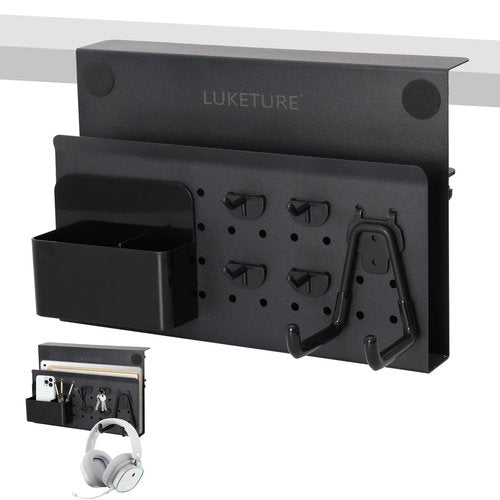 LUKETURE Desk Side Storage, No Drill Laptop Side Desk Mount, Steel Hanging Organizer, with Pegboard Accessories, Clamp on Laptop Holder for Office and Home, Fits Flat Edge Tables 0.3" to 2.8"