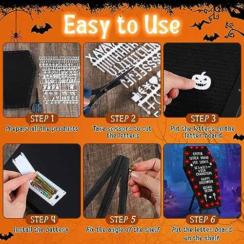 Sintuff Coffin Letter Board with Stand Built in LED Lights, 620 Characters, Halloween Style Changeable Spooky Gothic Letter Board Decor for Home, Office, Bistro(Red LED Light)