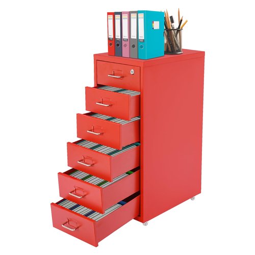 HZOPUTLH 6 Drawer Vertical File Cabinet with Lock, Freestanding Filing Metal Drawers Organizer with 4 Wheels, Movable Under Desk Cabinet Vertical File Storage for Home Office (Red)
