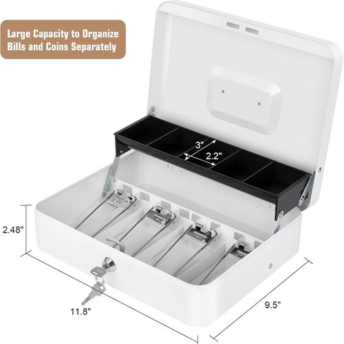 Sumerfnt Cash Box with Lock and Money Tray Money Box for Cash, Metal Lock Box for Money Cash Register - 11.8" x 9.4" x 3.54" White