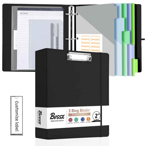 BVSSX 3 Ring Binder with Clipboard,2 Inch Binders with Notepad&5 Dividers with Pockets, Labels,PU Clipboards for School Office(Black,Letter Size)