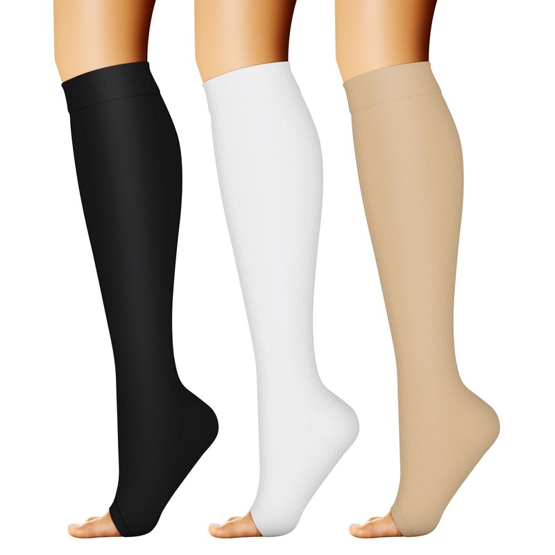 CHARMKING 3 Pairs Open Toe Compression Socks for Women & Men Circulation 15-20 mmHg is Best for All Day Wear Running Nurse (02 Black/White/Beige, S/M)