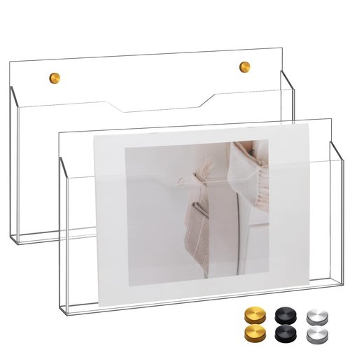 Feifeiya 2Pcs Clear Acrylic File Holder Wall Mount Mail Magazine Organizer File Holders with Screw Wall Pocket Office Document Storage Rack Magazine Letter Brochure(14 x8.3 x1.2,Horizontal)