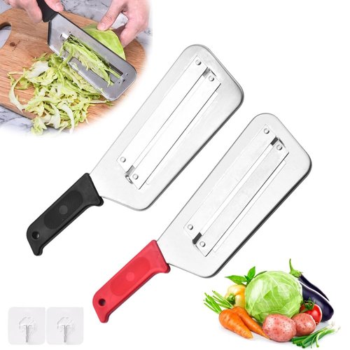 Stainless Steel Shredder Knife, 2025 Upgraded Cabbage Shredder, Dual Blade Julienne Cutter for Slicing, Grating & Shredding - Perfect for Sauerkraut, Coleslaw, Vegetables with Hook(Black+Red)