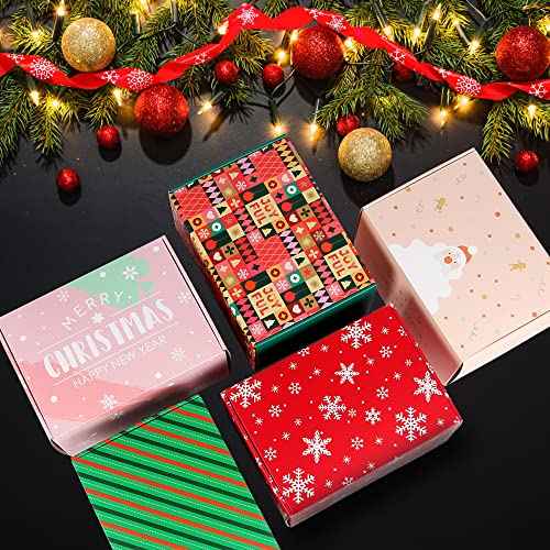 25 Pack 8x6x4 inch Christmas Gift Box with Lid, Corrugated Cardboard Shipping Boxes for Small Business,for Gift Packaging,Specially Designed Box. (8"x6"x4", 25 Pcs Xmas Mix Pattern)