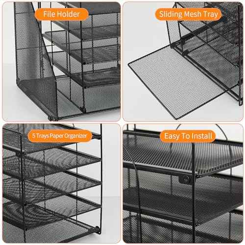 Desk Organizers and Accessories, 5-Tier Paper Letter Tray Organizer with File Holder, Desktop Organizer for Office Supplies (Black)