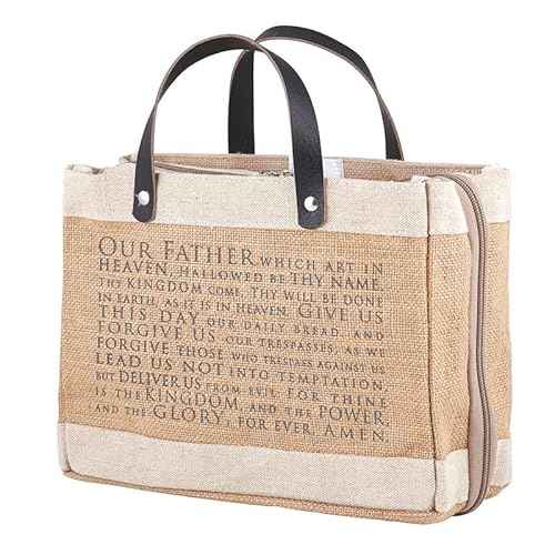 Creative Brands Faithworks - Jute Tote Bible Cover with Genuine Leather Handles and Side Compartments, 13 x 11-Inch, Our Father