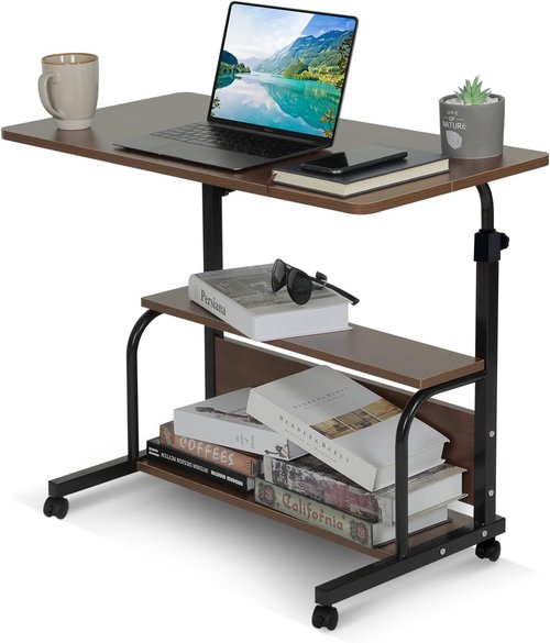 QZMDSM Portable Rolling Desk - Adjustable Height Small Standing Desk with Wheels | 32" Brown Computer Desk with Storage Shelves for Home Office