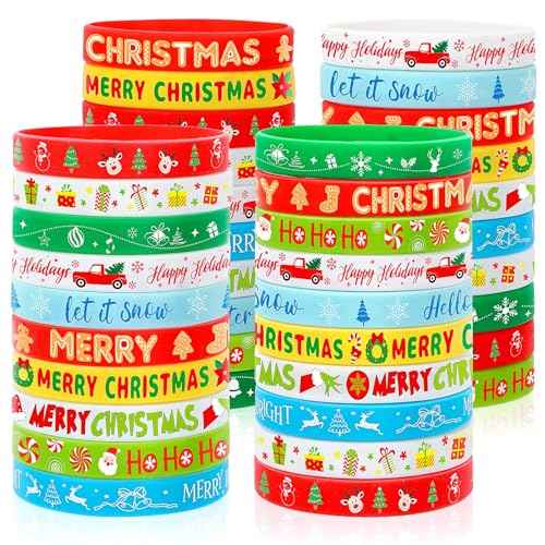 JUNEBRUSHS 120pcs Christmas Party Favors Silicone Bracelets Bulk Elk Xmas Tree Snowflake Pattern Rubber Wristbands for Christmas Winter Holiday Party Stuffers Fillers Decorations Supplies(10 Designs)