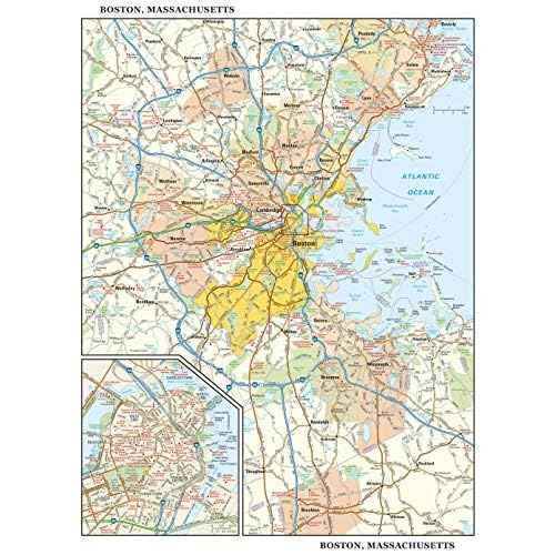 Globe Turner Boston, Massachusetts Wall Map, Large - 22.75" x 29" Laminated, Full Color, Coated Paper, Road Map