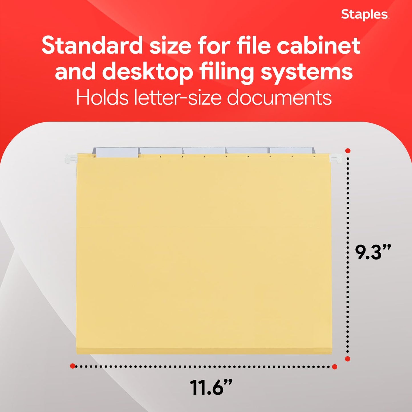 Staples Hanging File Folders, Letter Size, Yellow, 5‑Tab, Durable Construction – 25/Box
