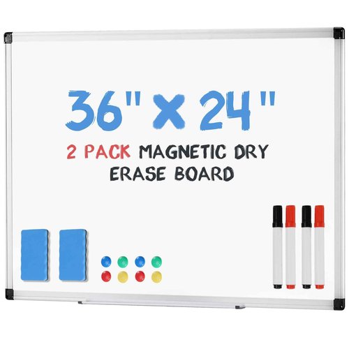 DUMOS 2 Pack Magnetic Whiteboard Kit for Wall 36" x 24", Dry Erase Board with 1 Dry Eraser & 2 Multicolor Markers & 4 Magnetic Pins, Sliver Reinforced Aluminum Frame for Home, School, Office